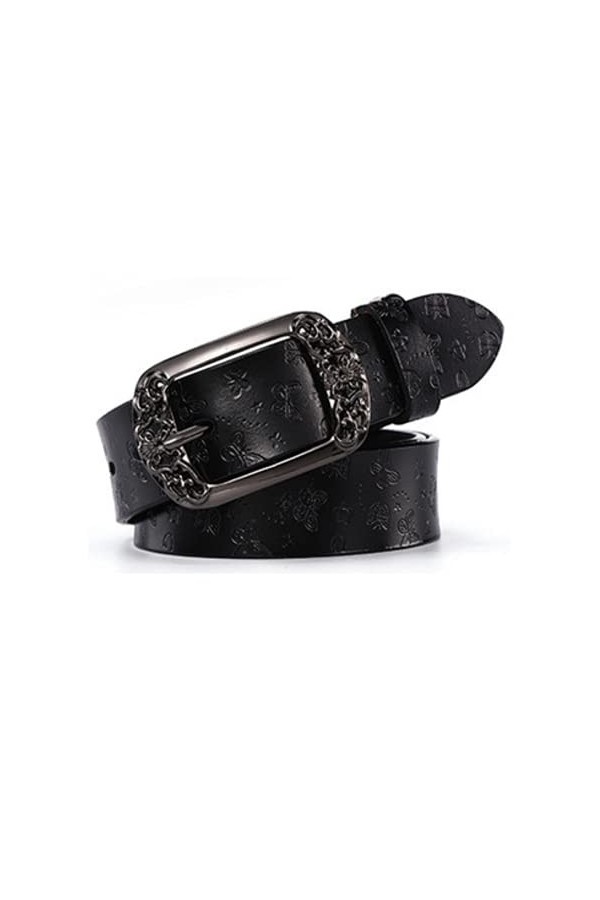 CHENGZI Ceinture en cuir de vache pur avec boucle en relief - Pour femme - Ceinture décorative - Longueur : - Noir -