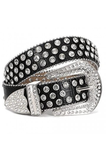 LEACOOLKEY Ceinture en cuir PU pour femme et homme - Style cowgirl - Style western - Rivets - Punk, R-Noir., M:Passgröße 86cm