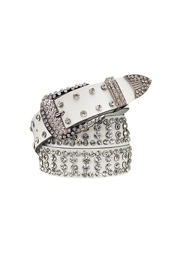 Ceinture western cowgirl strass rivets cuir PU femmes bling ceinture brillante pour jeans pantalon, blanc, length: 43.31 in /