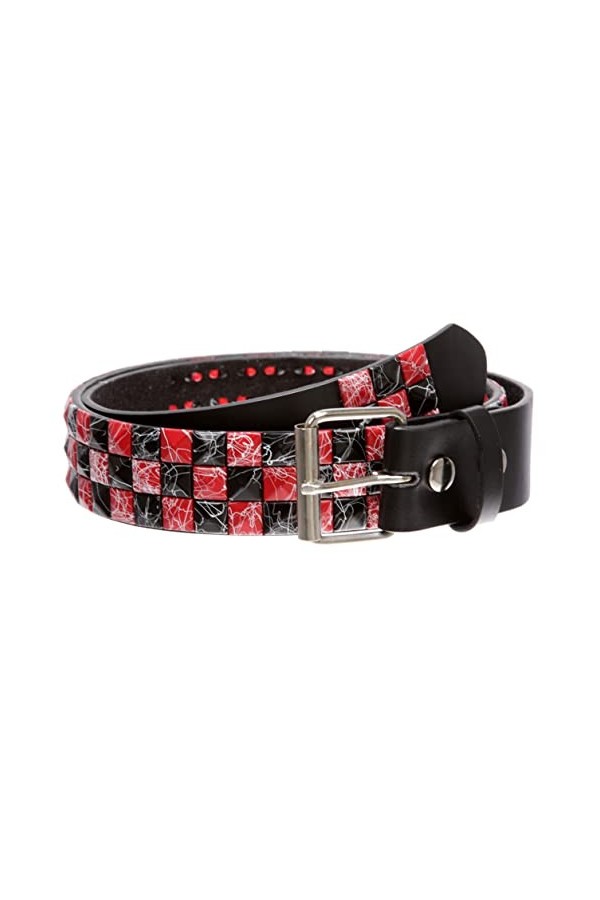 Ceinture cloutée à motif damier rouge et noir de 3,8 cm - - S