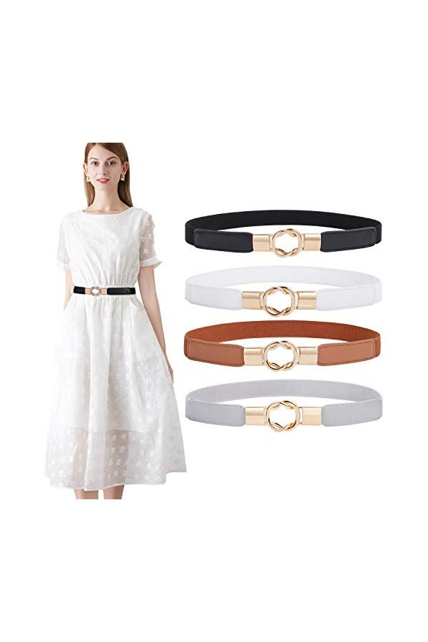 WERFORU Lot de 4&nbsp;ceintures élastiques, pour femme, minces, style rétro, taille fine, avec boucle, adaptées aux robes