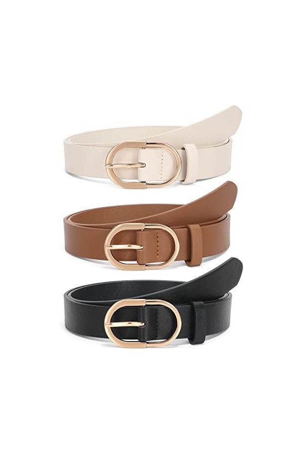 WERFORU Lot de 2 ceintures en cuir pour femme avec boucle dorée, A-noir+marron+beige, 130cm Passt Taillengröße 106-115cm 
