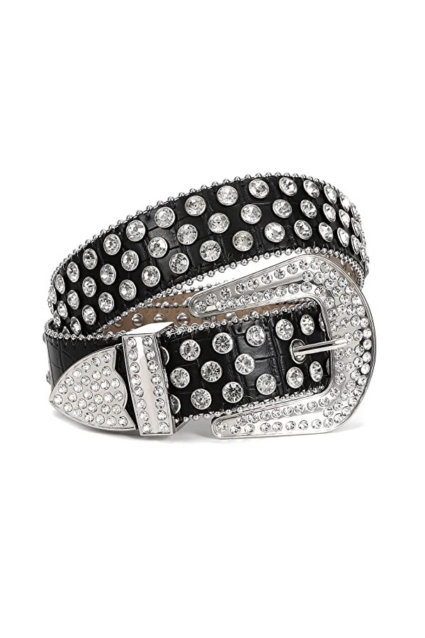 LEACOOLKEY Ceinture en cuir PU pour femme et homme - Style cowgirl - Style western - Rivets - Punk, R-Noir., S:Passgröße 70cm