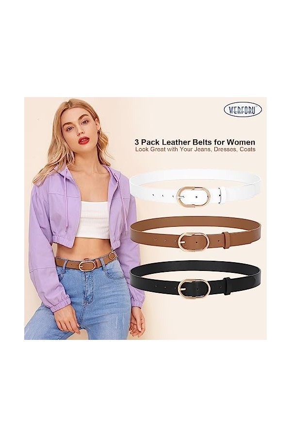 WERFORU Lot de 2 ceintures en cuir pour femme avec boucle dorée, A-noir+marron+blanc, 130cm Passt Taillengröße 106-115cm 