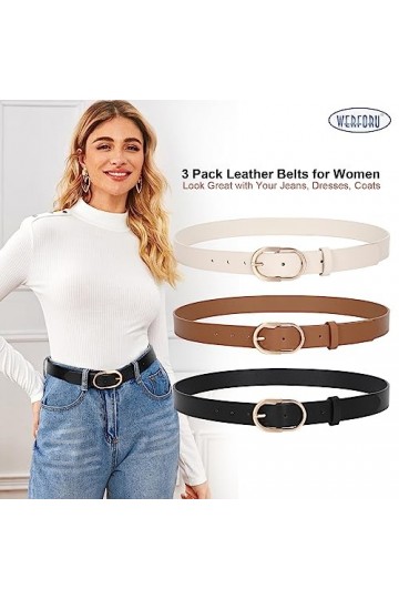 WERFORU Lot de 2 ceintures en cuir pour femme avec boucle dorée, A-noir+marron+beige, 110cm Passt Taillengröße 76-90cm 