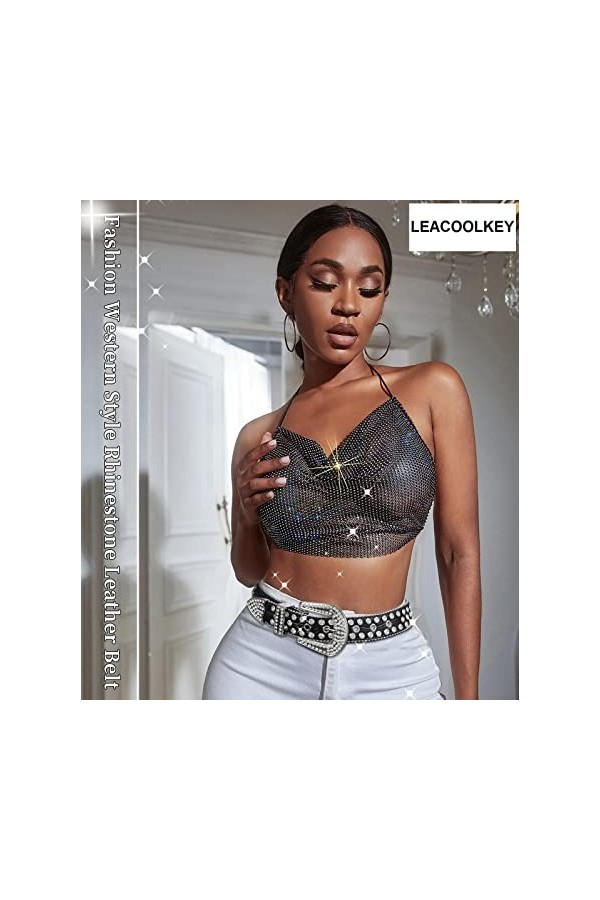 LEACOOLKEY Ceinture en cuir PU pour femme et homme - Style cowgirl - Style western - Rivets - Punk, R-Noir., S:Passgröße 70cm