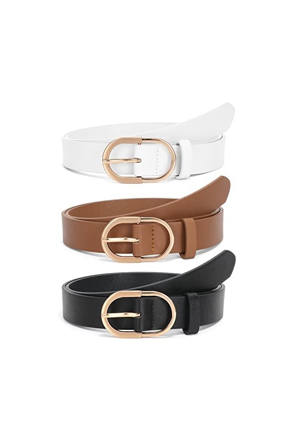 WERFORU Lot de 2 ceintures en cuir pour femme avec boucle dorée, A-noir+marron+blanc, 130cm Passt Taillengröße 106-115cm 