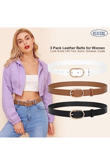 WERFORU Lot de 2 ceintures en cuir pour femme avec boucle dorée, A-noir+marron+blanc, 130cm Passt Taillengröße 106-115cm 