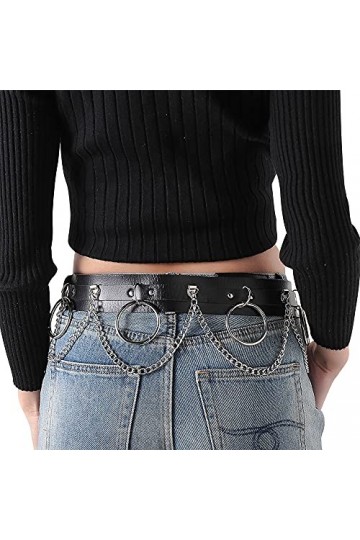 CHIC DIARY Ceinture punk pour femme avec chaîne en métal - En cuir synthétique - Rivet clouté - Pour robe, jean, cosplay, cos