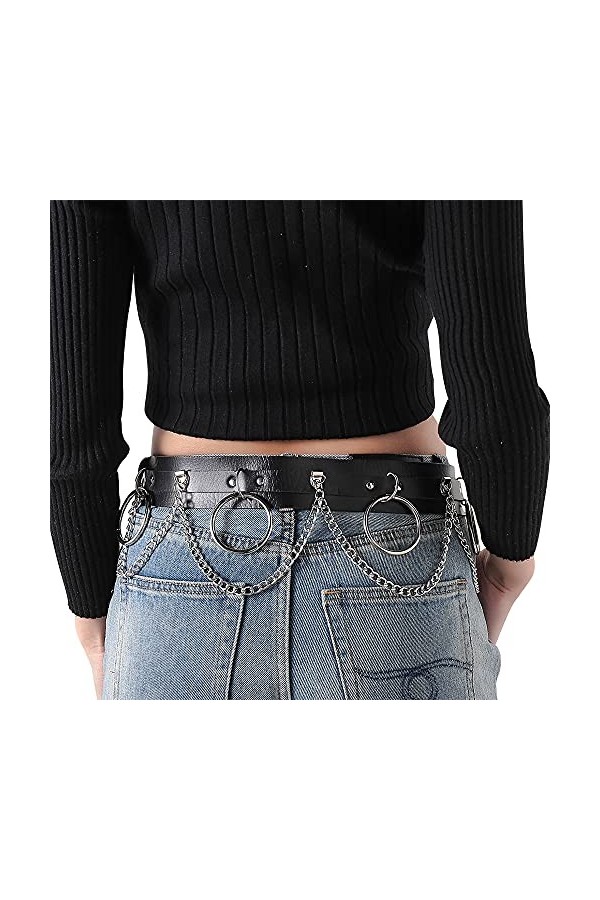CHIC DIARY Ceinture punk pour femme avec chaîne en métal - En cuir synthétique - Rivet clouté - Pour robe, jean, cosplay, cos