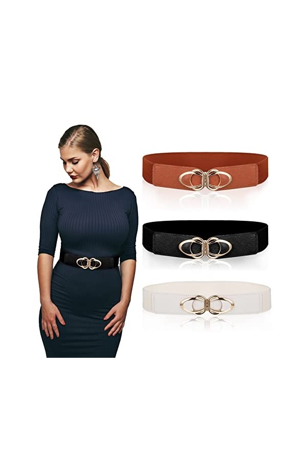 worahroe Lot de 3 ceintures extensibles pour femme - Ceinture tendance large et élastique rétro - En cuir synthétique élégant