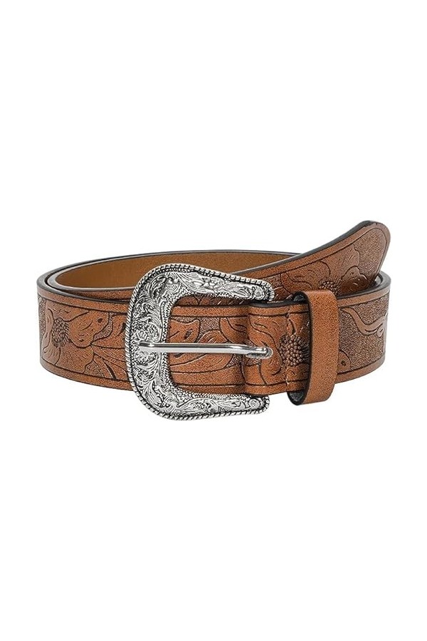JowTreex Ceintures Western pour femme – Cowboy Cowgirl Floral Gravé Sangle de ceinture en cuir Vintage en relief Boucle stras