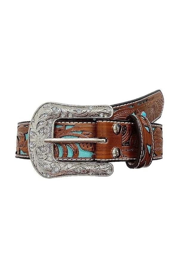 JowTreex Ceintures Western pour femme – Cowboy Cowgirl Floral Gravé Sangle de ceinture en cuir Vintage en relief Boucle stras