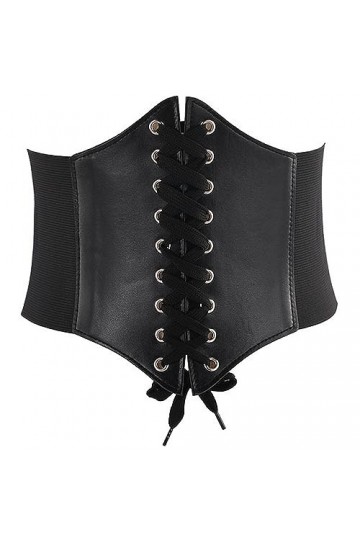 Ceinture corset rétro noire à lacets – Large élastique en cuir PU, ajustement réglable, accessoire de mode polyvalent – Taill