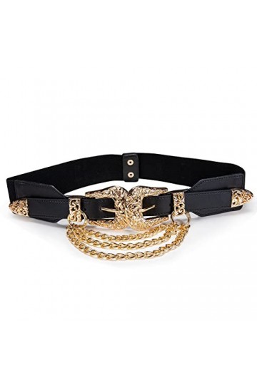 Dubulle Ceinture pour femme en cuir noir et doré avec chaîne élastique large et boucle cachée, Boucle ardillon noire décorati