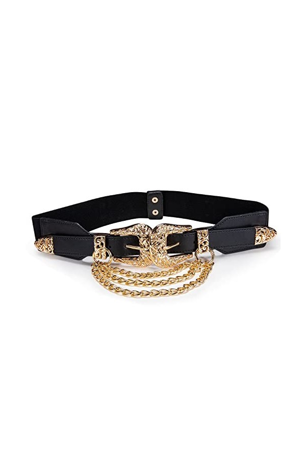 Dubulle Ceinture pour femme en cuir noir et doré avec chaîne élastique large et boucle cachée, Boucle ardillon noire décorati