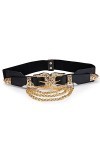 Dubulle Ceinture pour femme en cuir noir et doré avec chaîne élastique large et boucle cachée, Boucle ardillon noire décorati