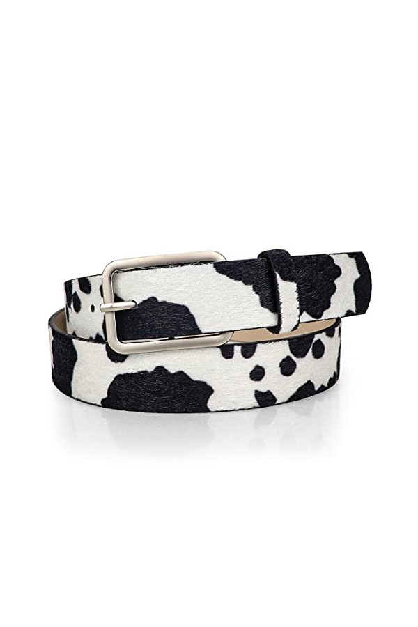 Ceinture en cuir pour femme avec imprimé animal, Ceinture imprimée vache noire,