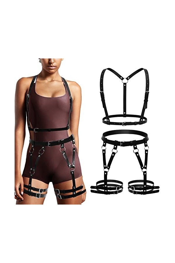 2 Ceintures de Corps Noires en Cuir Ceinture de Jambe Gothique avec Jarretières