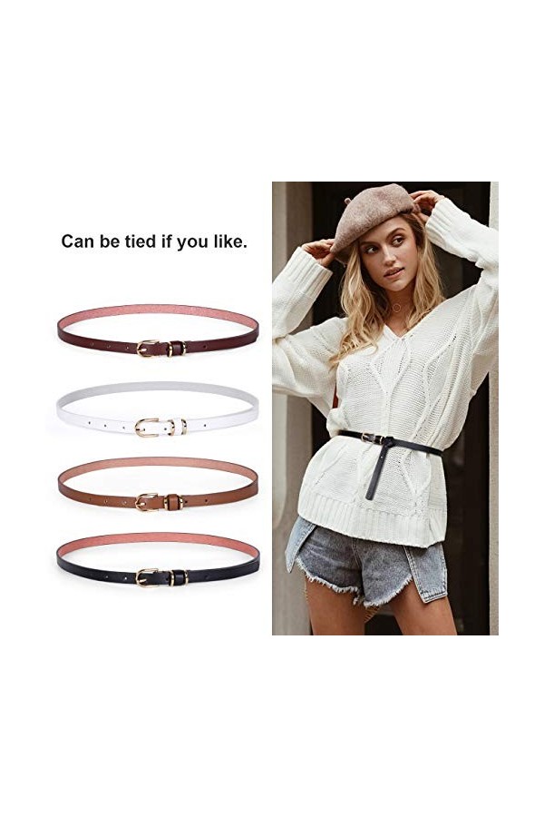 JasGood Lot de 4 ceintures fines en cuir synthétique pour femme - Extra fines - Multicolore - En option - Élégantes - Boucle 