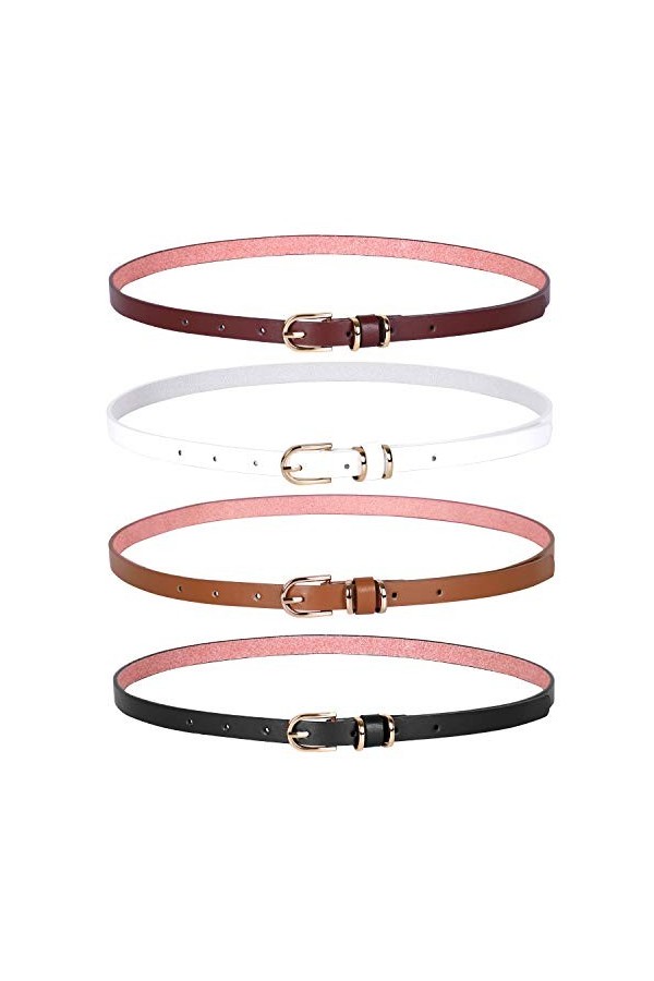 JasGood Lot de 4 ceintures fines en cuir synthétique pour femme - Extra fines - Multicolore - En option - Élégantes - Boucle 