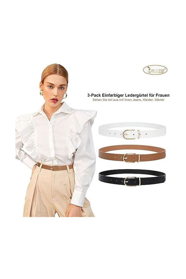 JasGood Ceinture en cuir pour femme - Pour jeans, pantalons, robe avec boucle dorée, D-noir+marron+blanc, Größe anpassen 83cm