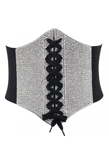Lamdgbway Corset en cuir à lacets - Ceinture élastique rétro pour femme, Strass noir, XS:taille 23/25"
