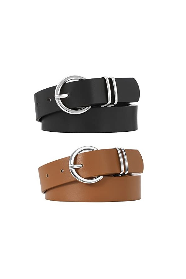 JASGOOD Lot de 2 ceintures en cuir pour femme avec boucle dorée, E-noir+marron/boucle argentée, Large