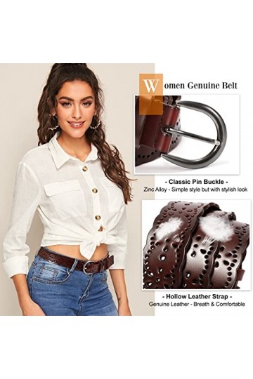 XZQTIVE Ceinture en cuir pour femme avec fleur creuse - Ceinture en cuir pour pantalon - Large ceinture avec boucle à broche 