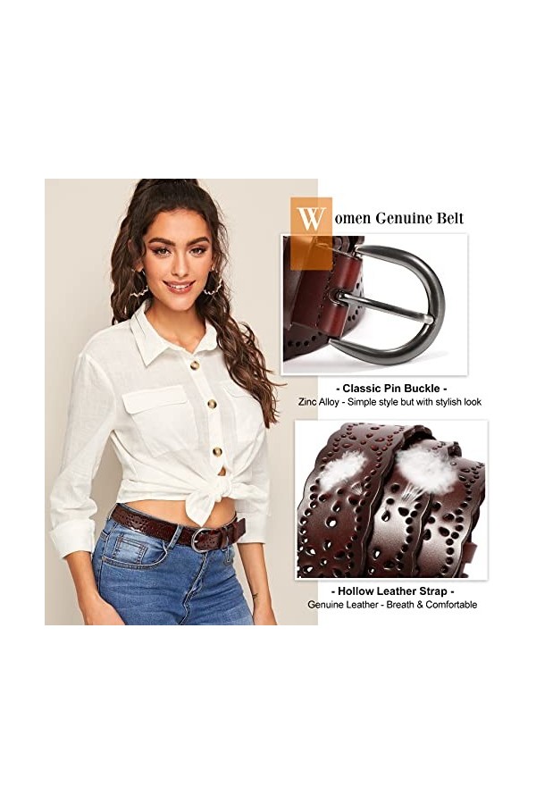 XZQTIVE Ceinture en cuir pour femme avec fleur creuse - Ceinture en cuir pour pantalon - Large ceinture avec boucle à broche 