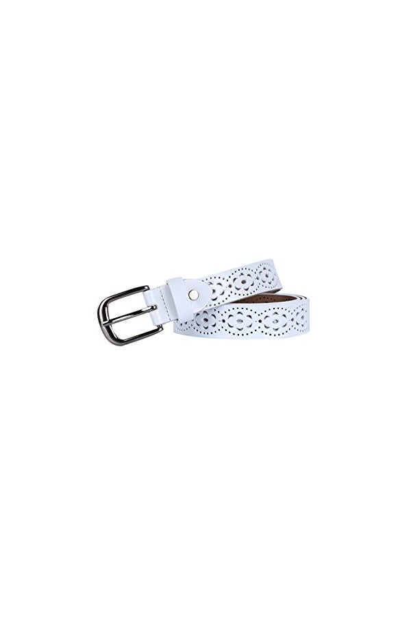 sourcing map Ceinture en cuir à boucle ardillon en alliage creux multi-trous sculpté pour femmes Fleurs blanches 27-40 pouces