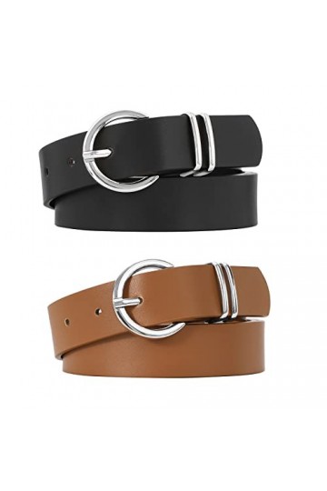 JASGOOD Lot de 2 ceintures en cuir pour femme avec boucle dorée, E-noir+marron/boucle argentée, Large