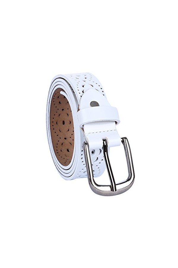 sourcing map Ceinture en cuir à boucle ardillon en alliage creux multi-trous sculpté pour femmes Fleurs blanches 27-40 pouces