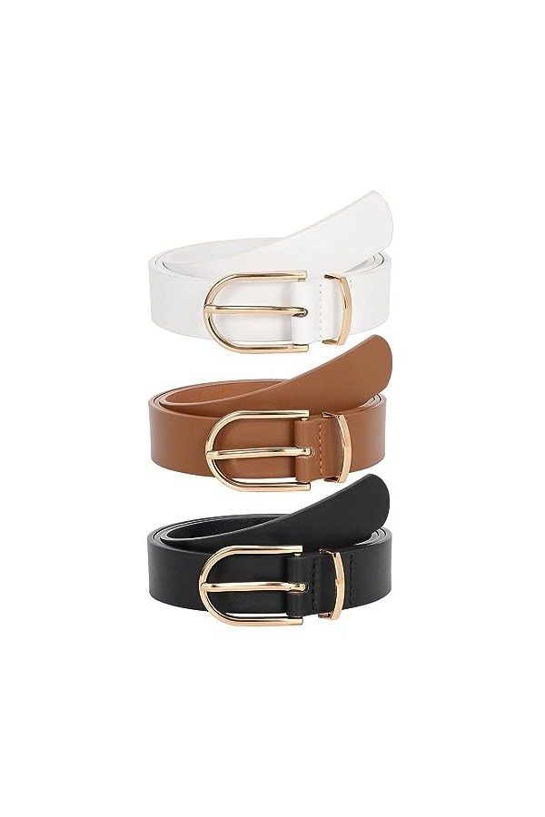 JasGood Ceinture en cuir pour femme - Pour jeans, pantalons, robe avec boucle dorée, D-noir+marron+blanc, Größe anpassen 83cm