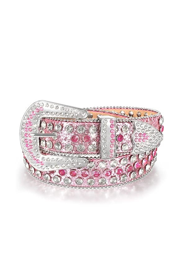 LEACOOLKEY Bling Western Cowgirl Cowboy Ceinture en cuir avec rivets pour jeans, pantalons, robes, G-rose boucle argentée , 