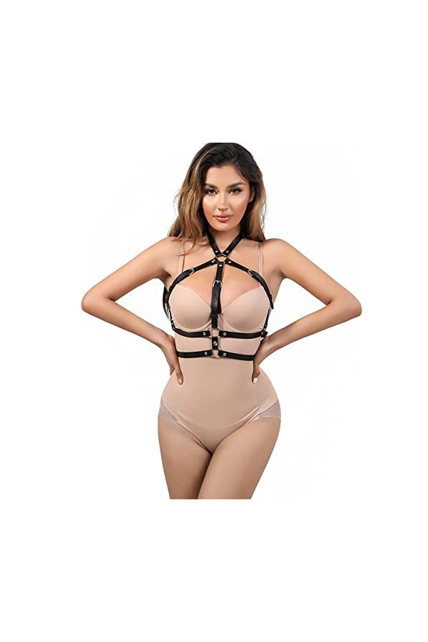PIIKNUO Harnais en cuir punk pour femme - Ceinture de poitrine - Noir - Pour cosplay, fête, rave, Halloween, Noir