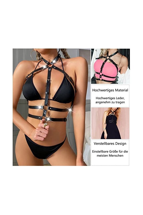 PIIKNUO Harnais en cuir punk pour femme - Ceinture de poitrine - Noir - Pour cosplay, fête, rave, Halloween, Noir