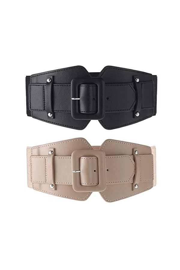 JINWEORI Lot de 2 ceintures larges et extensibles pour femme - Style vintage - Noir - Avec boucle épaisse - Pour robes, mante