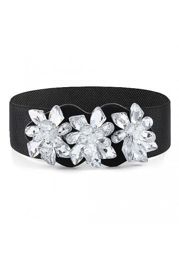 Bohend Fleur de cristal Ceinture élastique Noir Large Ceinture extensible Strass Ceintures de taille pour Robe Ceinture Vinta