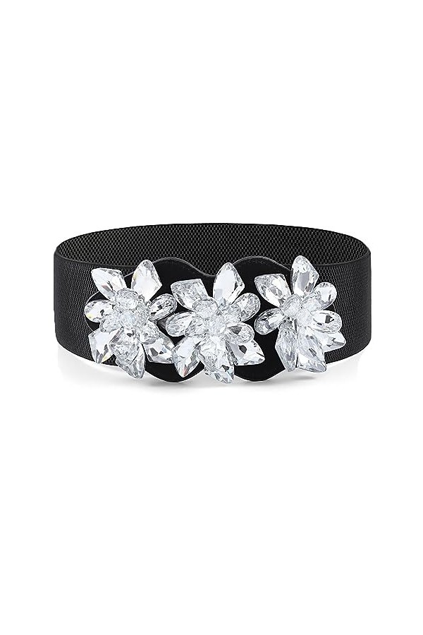 Bohend Fleur de cristal Ceinture élastique Noir Large Ceinture extensible Strass Ceintures de taille pour Robe Ceinture Vinta