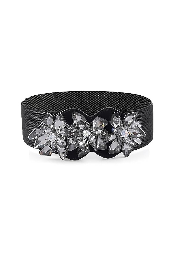 Bohend Fleur de cristal Ceinture élastique Noir Large Ceinture extensible Strass Ceintures de taille pour Robe Ceinture Vinta