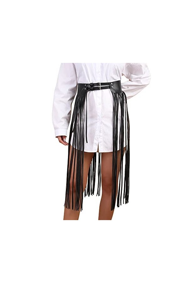 CHIC DIARY Hip Hop Punk Ceinture de taille avec longues franges en cuir PU pour femme Noir