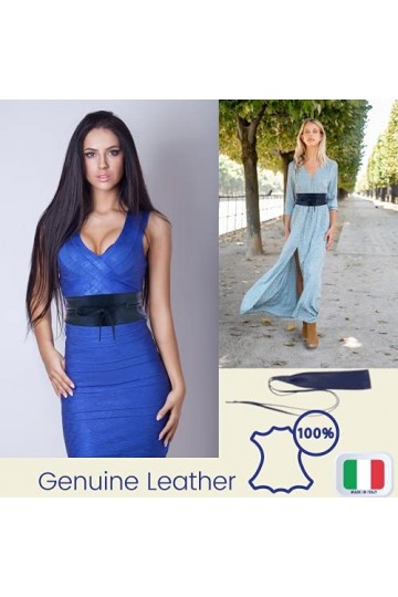 ZOULOO Ceinture Large En cuir veritable Pour Femme Style ObI , Ceinture En Cuir grainé, bleu Marine Ceinture a Nouer Taille 1