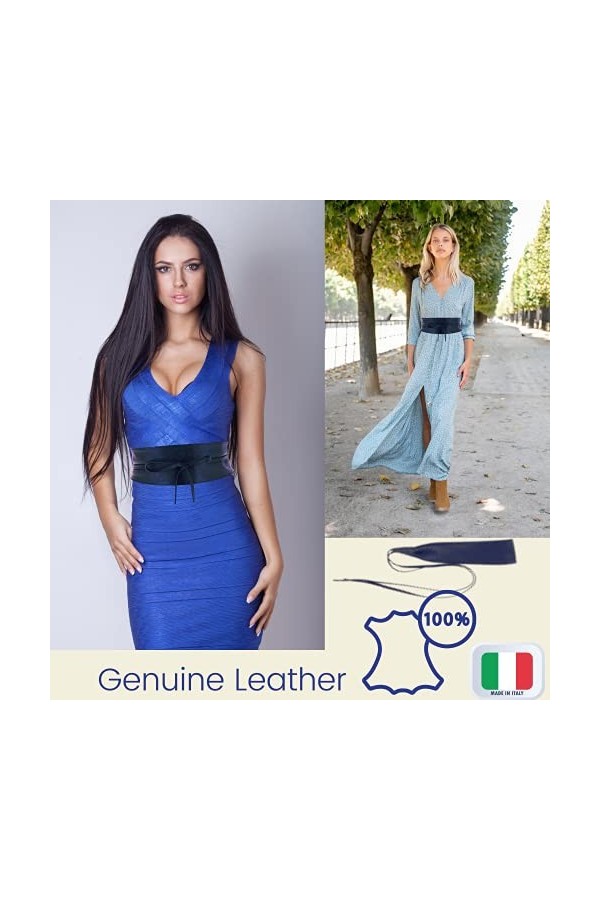 ZOULOO Ceinture Large En cuir veritable Pour Femme Style ObI , Ceinture En Cuir grainé, bleu Marine Ceinture a Nouer Taille 1