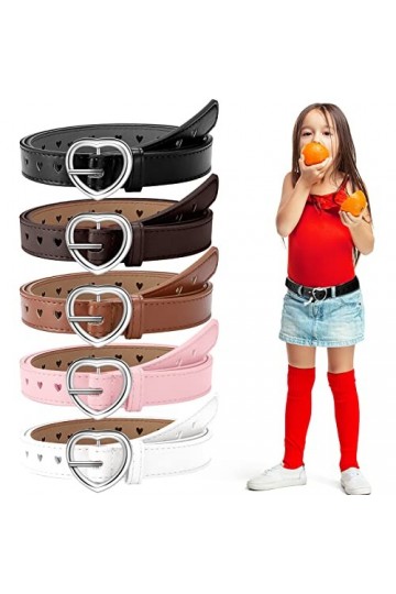5 Ceintures Cuir PU Cœur avec Boucle Enfant Noir, Camel, Café, Rose, Blanc, Convient pour Tour de Taille 22 