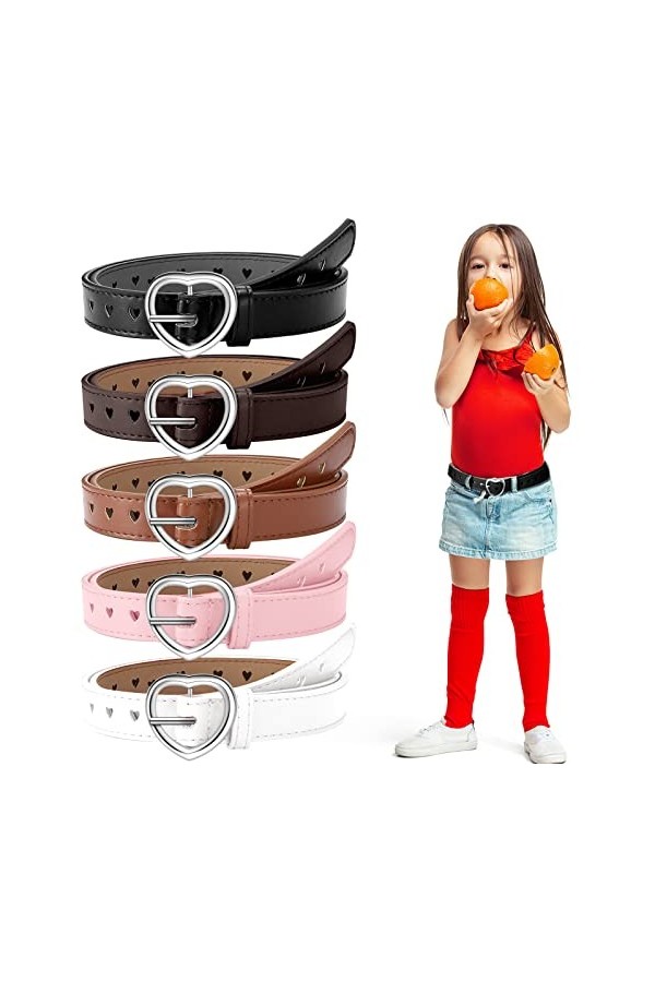 5 Ceintures Cuir PU Cœur avec Boucle Enfant Noir, Camel, Café, Rose, Blanc, Convient pour Tour de Taille 22 