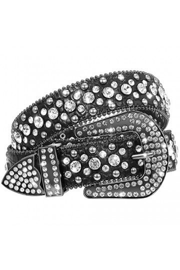 JasGood Ceinture en cuir pour femme avec strass et strass, 3-Noir., 29.5-30W