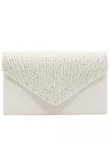 Wocharm Pochette satiné à strass pour femme Forme enveloppe Pour soirées/mariage - argent - ivoire,