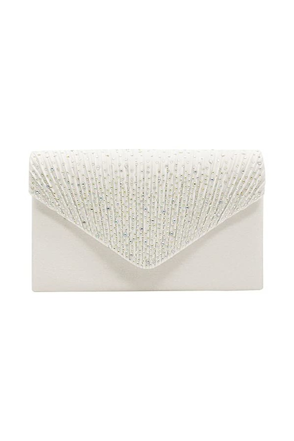 Wocharm Pochette satiné à strass pour femme Forme enveloppe Pour soirées/mariage - argent - ivoire,