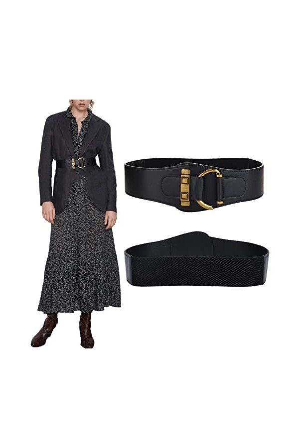 TonJin Ceinture Femme Large Elastique Ceinture Femme Cuir Vintage Noir avec Boucle en Alliage dor pour Robe,Suicoat